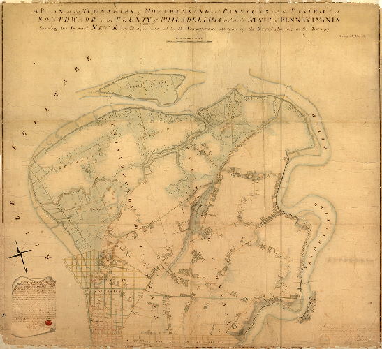 Plan, Plan of Moyamensing, Southwark, Passyunk &c. within the limits, from South St. to Delaware River on the south and from the Delaware River on the east to the Schuylkill River on the west. Approved by Commissioners. Directed by an Act of the General Assembly, Sept. 29. 1787. John Hills, Surveyor.