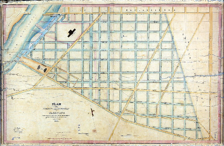 Plan (alternate image), Plan of the streets in the Township of Passyunk between Schuylkill River and the Moyamensing Township line and between Cedar Street and the Buck Road laid out in 1832. Lemuel Paynter, William G. Alexander, Fredrick G. Wolbert, Commissioners. John Thompson, Surveyor. The report accompanying this plan was filed December 28th, 1832 and confirmed absolutely April 28th, 1833. 
