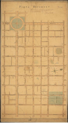 Plan, First District. In obedience to an ordinance dated May 1804, surveyed, leveled, and adjusted that part of the City Plat comprehended within this draft. Reading Howell.