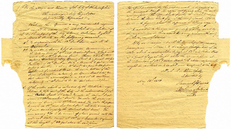 Plan, [Letter dated May 18, 1816, from Samuel Hains and Alphonso Ireland, City Regulators, to the Mayor and Recorder of the City of Philadelphia, regarding improvements that could be "made in the southern part of the City between Delaware Eighth and Broad Streets" and represented in plan 008-01_HP]