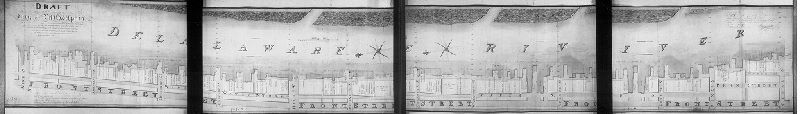 Plan (alternate), Draft of the East Front of the City of Philadelphia on the River Delaware from Cedar to Vine Streets, exhibiting the public and private wharves, and docks, with the indented front line formed by the buildings, with the front dimensions and definitions of the respective properties, and depth of water found in the line of each street across the channel, to the Island and sand bars. This survey and delineation of the eastern front of the City was executed by the subscriber in conformity to a resolution of the City Councils dated 25 April 1811, for the use of the Wardens of the Port, a duplicate of which is deposited in their office. Philadelphia, 16th September 1811. Reading Howell. Copy [by] W. Morrell April 1905.