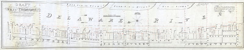 Plan (alternate image), Draft of the East Front of the City of Philadelphia on the River Delaware from Cedar to Vine Streets, exhibiting the public and private wharves, and docks, with the indented front line formed by the buildings, with the front dimensions and definitions of the respective properties, and depth of water found in the line of each street across the channel, to the Island and sand bars. This survey and delineation of the eastern front of the City was executed by the subscriber in conformity to a resolution of the City Councils dated 25 April 1811, for the use of the Wardens of the Port, a duplicate of which is deposited in their office. Philadelphia, 16th September 1811. Reading Howell. Copy [by] W. Morrell April 1905.