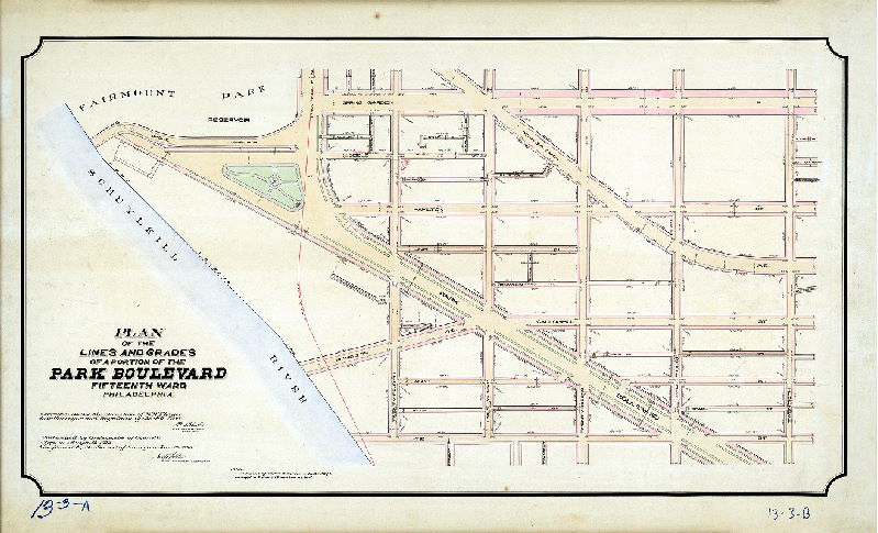 Plan (alternate image), Plan of the lines and grades of a portion of the Park Boulevard, Fifteenth Ward, Philadelphia [Ordinance April 12, 1892; survey returned April 1893; confirmed June 12, 1893]