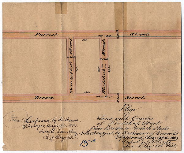 Plan, Plan of lines and grades of Woodstock Street from Brown to Parrish Streets [Ordinance June 29, 1883; confirmed Aug. 4, 1884]