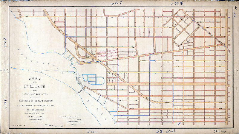 Plan (alternate image), Copy of the plan of the survey and regulation of part of the District of Spring Garden as revised in pursuance of two Acts of Assembly passed respectively the 7th day of April anno Domini 1845 and the 14th day of March [1846] [Based on "worn and defaced" original as of 1900. Copy by Edwin M. Evans, June 1, 1900. See 013-09 HP for the original plan] 