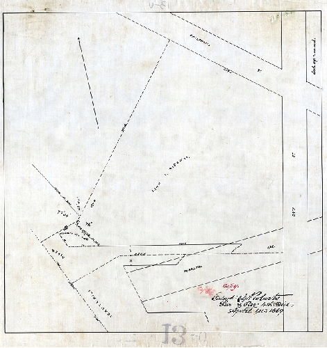 Plan, [No title. Property along Schuylkill River, between 24th St. and Powelton Ave., belonging to John J. Ridgway. Surveyed by Edward D. Roberts, April 1, 1869]