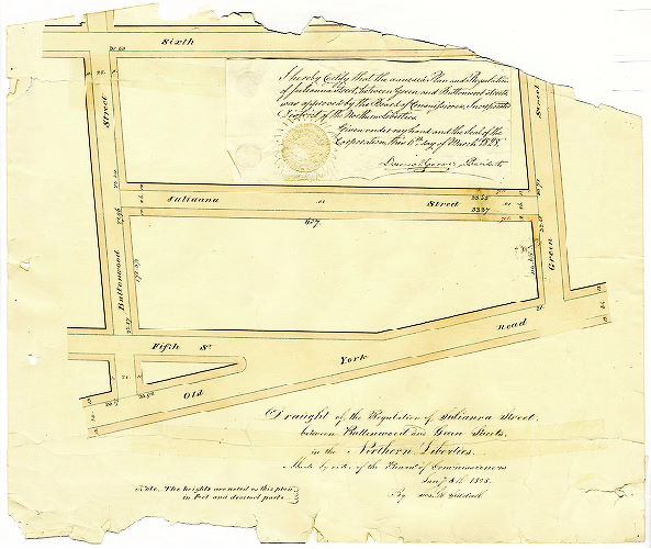 Plan, Draught of the regulation of Julianna Street, between Buttonwood and Green Streets in the Northern Liberties. Made by order of the Board of Commissioners Jany. 8th 1828 by Jos. H. Siddall. [with attached affidavit]
