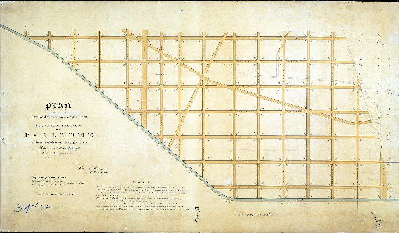 Plan (alternate image), Plan exhibiting the curb heights, water courses and culverts in the Southern Section of Passyunk together with the location of certain streets made in pursuance of Act of Assembly passed June 21st 1839 and by Saml. H. Kneass, Civil Engineer. Approved by Commissioners October 21st 1840. Confirmed Decr. 12th 1840