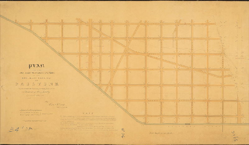 Plan, Plan exhibiting the curb heights, water courses and culverts in the Southern Section of Passyunk together with the location of certain streets made in pursuance of Act of Assembly passed June 21st 1839 and by Saml. H. Kneass, Civil Engineer. Approved by Commissioners October 21st 1840. Confirmed Decr. 12th 1840