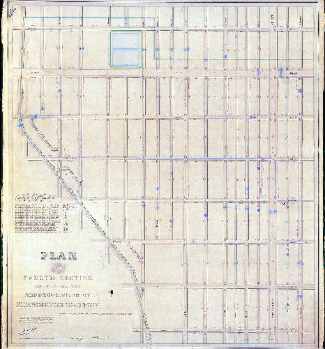 Plan (alternate image), Plan of the Fourth Section of the survey and regulation of Kensington District approved by the Board of Commissioners May 17th 1852. Revised and returned 1852 by James P. Davis. [Attachment: typescript excerpt of 1852 Court approval]