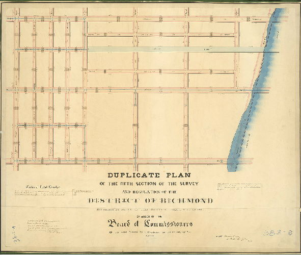 Plan, Duplicate plan of the Fifth Section of the survey and regulation of the District of Richmond recorded in place of the original misplaced or lost. By order of the Board of Commissioners of the said District by a resolution on the 2nd day of Nov. A.D. 1853. Made January 3rd 1854 by Edw. L. Spain. Surv. confirmed by the Court of Quarter Sessions, October 12th, 1850.