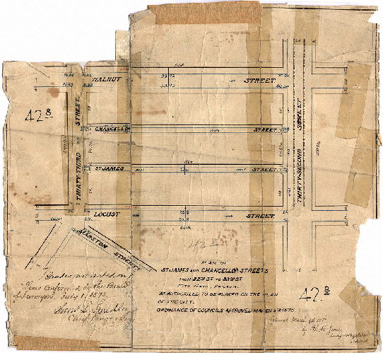 Plan, Plan of St. James and Chancellor Streets from 32nd St. to 33rd St. 27th Ward. Phila. [Ordinance March 5, 1878; survey returned March 9, 1878; confirmed: July 1, 1878] 