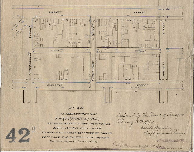 Plan, Plan to reduce the width of Thirty-first Street between Market St. and Chestnut St. 27th Ward Philad'a., to make said street 60 ft. wide by taking 20 ft. from the easterly side thereof. [Ordinance Sept. 24, 1889; survey returned Dec. 19, 1889; confirmed Feb. 3, 1890] 