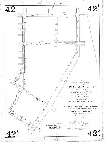Plan, Plan striking from the City Plan and vacating Lombard Street from the east line of Midland Avenue to the west line of Thirtieth Street and that portion of Thirty-second Street between Chestnut Street and Lombard Street which is east of the easternmost main track of the Junction Railroad. Twenty-seventh Ward, Philadelphia. [Ordinance March 28, 1904; survey returned May 4, 1904; confirmed Nov. 17, 1904]