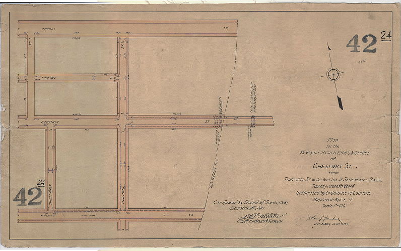 Plan, Plan for the revision of curb lines & grades of Chestnut St. from Thirtieth St. to center line of Schuylkill River. Twenty-seventh Ward. [Ordinance April 6, 1911; confirmed Oct. 9, 1911]