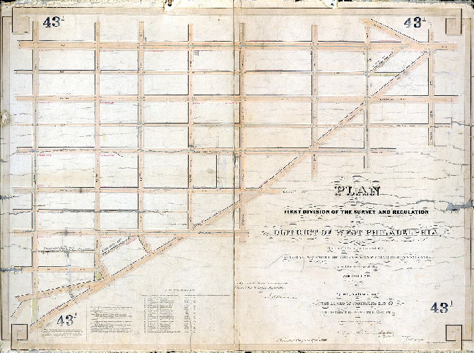 Plan (alternate image), Plan of the First Division of the survey and regulation of the District of West Philadelphia made in conformity with an Act of the General Assembly of the Commonwealth of Pennsylvania, passed the first day of May, anno Domini 1852, and agreeably to a resolution of the Board of Commissioners of the District of West Philadelphia, passed the thirteenth day of October A.D. 1852. Approved by the Board of Commissioners of the District of West Philadelphia May 9th, 1853. Surveyed and returned by Joseph Fox, Francis. Lightfoot, Surveyor, 5th mo 9th 1853.