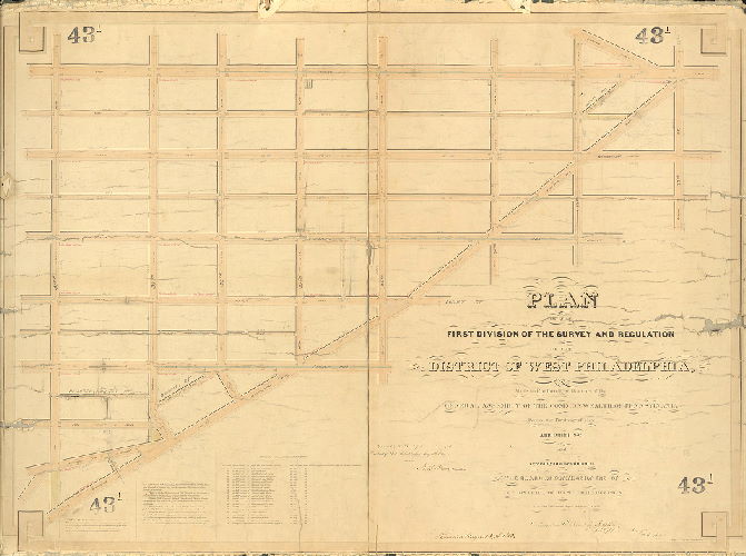 Plan, Plan of the First Division of the survey and regulation of the District of West Philadelphia made in conformity with an Act of the General Assembly of the Commonwealth of Pennsylvania, passed the first day of May, anno Domini 1852, and agreeably to a resolution of the Board of Commissioners of the District of West Philadelphia, passed the thirteenth day of October A.D. 1852. Approved by the Board of Commissioners of the District of West Philadelphia May 9th, 1853. Surveyed and returned by Joseph Fox, Francis. Lightfoot, Surveyor, 5th mo 9th 1853.