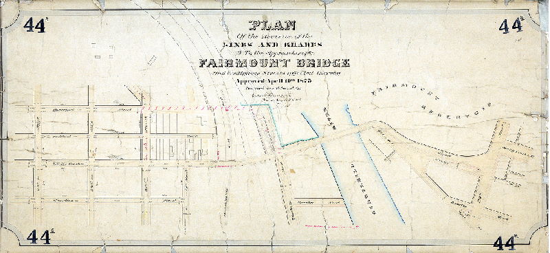 Plan (alternate image), Plan of the revision of the lines and grades to the approaches of Fairmount Bridge and contiguous streets, affected thereby. [Ordinance?] Approved April 19th, 1875. Surveyed and returned by George H. Hancock, Surv. & Reg. 11th Dist. 7-1-75. 