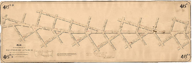 Plan, Plan of the changed line of Baltimore Avenue between Forty-fourth and Fifty-fourth Streets. As directed by resolution of Councils Approved March 24th, 1864. Approved by Board of Surveyors September 19, 1864. James Miller, Surveyor, 12th District. In 90.15, p. 39.