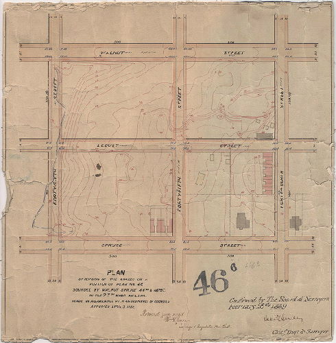 Plan, Plan of revision of the grades on a portion of Plan No. 46 bounded by Walnut, Spruce, 44th and 46th St. in the 27th Ward Philada. Made in accordance with an ordinance of Councils approved April 3, 1888. Returned June 4, 1888, William H. Jones, Surveyor & Regulator 12th District. Confirmed by the Board of Surveyors February 18th, 1889. 