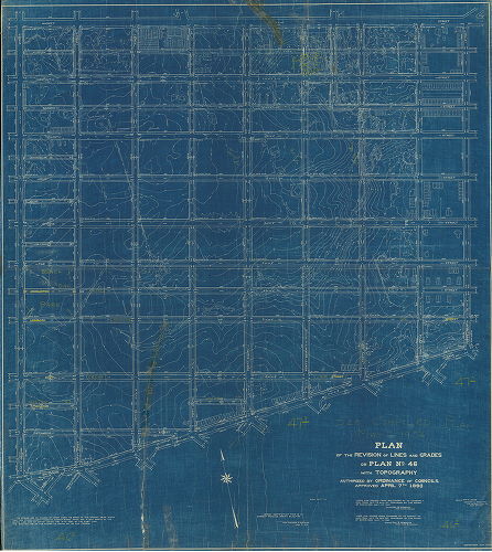 Plan, Plan of the revision of lines and grades on Plan No. 46 with topography. [Ordinance April 7th 1893; survey returned June 15, 1895; confirmed 1895 and 1896] 