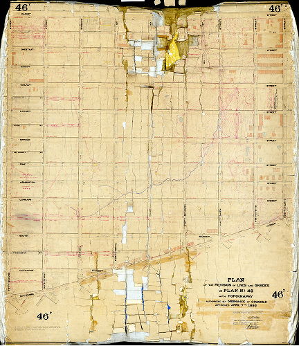 Plan, Plan of the revision of lines and grades on Plan No. 46 with topography. Authorized by ordinance of Councils approved April 7th 1893. [survey returned June 15, 1895; confirmed 1895 and 1896]