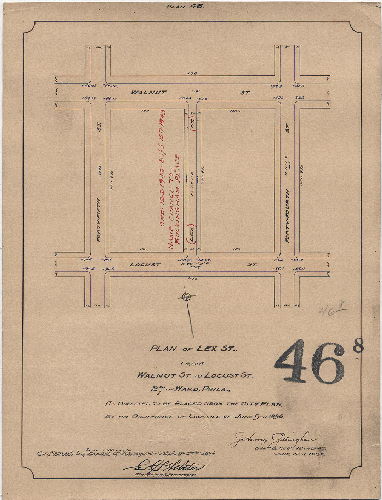 Plan, Plan of Lex Street from Walnut St. to Locust St. 27th Ward Phila. [Ordinance June 9, 1896; survey returned June 17, 1898; confirmed Oct. 19, 1896.