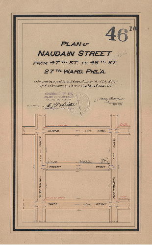 Plan, Plan of Naudain Street from 47th St. to 48th St. 27th Ward Phila. [Ordinance April 2, 1898; survey returned April 1898; confirmed June 20, 1898]