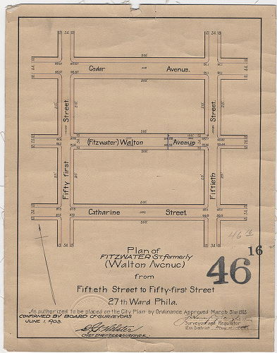 Plan, Plan of Fitzwater St. formerly (Walton Ave.) St. from Fiftieth Street to Fifty-first Street, 27th Ward, Phila. [Ordinance March 31, 1903; survey returned May 4, 1903; confirmed June 1, 1903