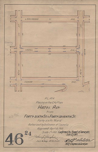 Plan, Plan for placing on the City Plan Hazel Ave. from Forty-sixth St. to Forty-seventh St. Forty Sixth Ward. 