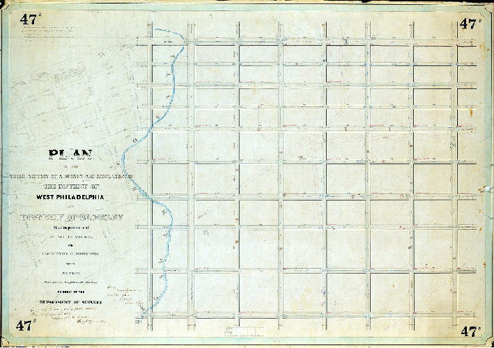 Plan (alternate image), Plan of the Third Section of a survey and regulation of the District of West Philadelphia and Township of Blockley, made in pursuance of an Act of Assembly of the Commonwealth of Pennsylvania, approved April 3rd 1851, with curb heights fixed thereon by order of the Department of Surveys. [Survey returned 1854; curb regulations determined 1857; confirmed by Court 1871]