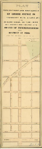 Plan, Plan of the resurvey and regulation of Girard Avenue in conformity with a late Act of the Legislature reducing the width thereof and in accordance with a resolution of the Board of Commissioners of the District of Penn, passed the twentieth day of May A.D. 1844. Surveyed and returned June 17th 1844 by Joseph Fox, Henry Haines