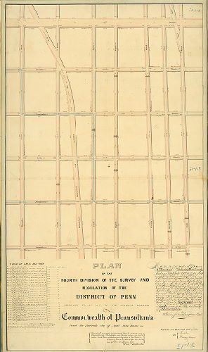 Plan, Plan of the Fourth Division of the survey and regulation of the District of Penn, agreeably to an Act of the General Assembly of the Commonwealth of Pennsylvania passed the nineteenth day of April anno Domini 1843. Surveyed and returned Feby 17th, 1845, by Joseph Fox, Henry Haines