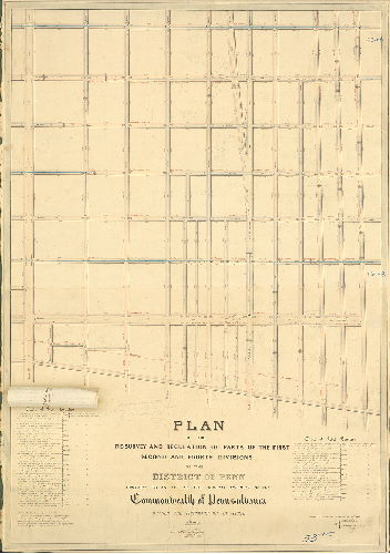 Plan, Plan of the re-survey and regulation of parts of the First, Second and Fourth Divisions of the District of Penn, agreeably to an Act of the General Assembly of the Commonwealth of Pennsylvania passed the fifteenth day of April A.D. 1846. Surveyed and returned June 15th 1846 by Joseph Fox, Henry Haines. [Attachment]