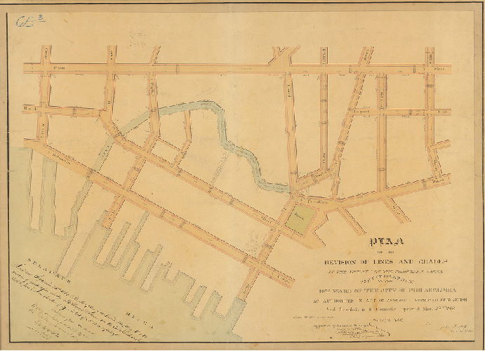 Plan, Plan of the revision of lines and grades in the vicinity of the Cohocksink Creek east of Front Strt. In the 16th Ward of the City of Philadelphia as authorised in Act of Assembly approved Feby. 25th. 1861 and resolution of Councils approved Mar. 22nd 1862. 