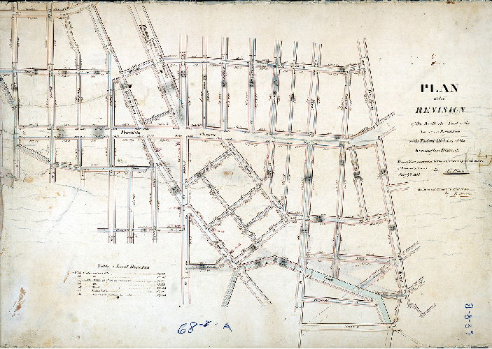 Plan (alternate image), Plan of the Revision of the southerly part of the survey and regulation of the Third Division of the Kensington District. Draughted pursuant to the resolutions of the Board of Commissioners, July 7th,1835, by B. Moore. Revised and returned Oct. 1st, 1844 by B. Moore.