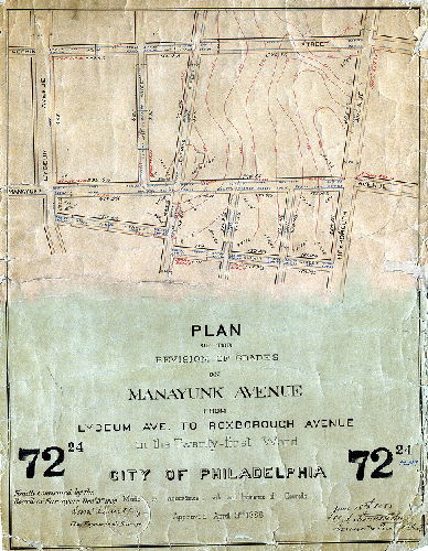 Plan, Plan of the revision of grades on Manayunk Avenue from Lyceum Ave. to Roxborough Avenue in the Twenty-first Ward, City of Philadelphia. [Ordinance April 3, 1888; survey returned June 16, 1888; confirmed Dec. 3, 1888]