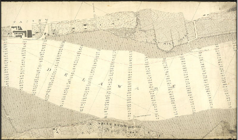 Plan, [No title. Delaware River front, New Jersey and Pennsylvania sides of river, with soundings and detailed delineation of topography, vegetation and structures.073-u, v, w and x are contiguous and cover from Bridesburg to Poquessing Creek; 073-y_HP shows detailed drawings of riverfront locations. These hand-drawn plans were used as the basis of subsequent USCGS lithographs of the city waterfront.]
