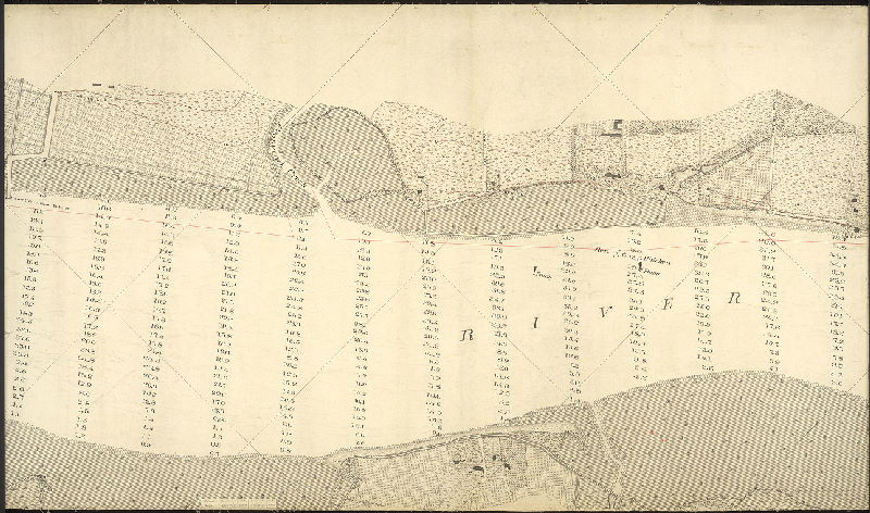 Plan (alternate image), [No title. Delaware River front, New Jersey and Pennsylvania sides of river, with soundings and detailed delineation of topography, vegetation and structures.073-u, v, w and x are contiguous and cover from Bridesburg to Poquessing Creek; 073-y_HP shows detailed drawings of riverfront locations. These hand-drawn plans were used as the basis of subsequent USCGS lithographs of the city waterfront.]