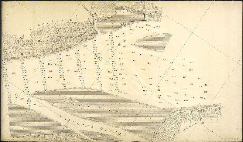 Plan (alternate image), [No title. Delaware River front, New Jersey and Pennsylvania sides of river, with soundings and detailed delineation of topography, vegetation and structures.073-u, v, w and x are contiguous and cover from Bridesburg to Poquessing Creek; 073-y_HP shows detailed drawings of riverfront locations. These hand-drawn plans were used as the basis of subsequent USCGS lithographs of the city waterfront.]