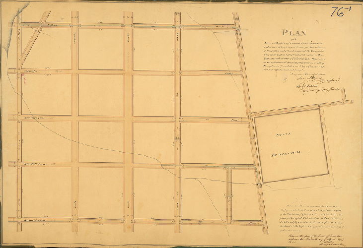 Plan, Plan of the survey and regulation of the ascents descents common sewers and distances of the gutters from the sides of the Streets lanes &c in the neighbourhood of the site upon which the State Penitentiary for the Eastern District is about to be erected, in Penn Township in the County of Philadelphia, agreeably to an Act of the General Assembly of the Commonwealth of Pennsylvania, passed the second day of February, One thousand eight hundred and twenty-two. Surveyed and returned April 13th 1822 by Samuel Hains, Recording Surveyor, Jos. H. Siddall, Regulator of Spring Garden.