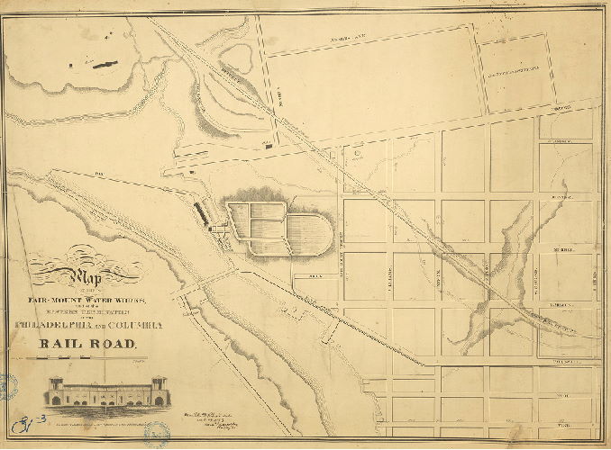 Plan, Map of the Fair-Mount Water Works and of the eastern termination of the Philadelphia and Columbia Rail Road. Childs & Inman, lithographers, F. Graff del.