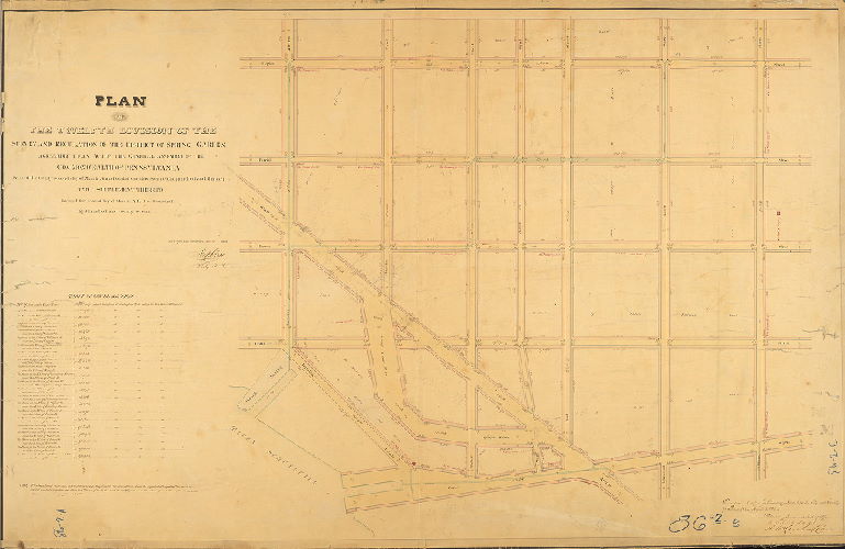 Plan, Plan of the Twelfth Division of the survey and regulation of the District of Spring Garden, agreeably to an Act of the General Assembly of the Commonwealth of Pennsylvania passed the twenty second day of March anno Domini One thousand eight hundred and thirteen, and a supplement thereto passed the second day of March A.D. One thousand eight hundred and twenty seven. Surveyed and returned June 24th 1834 by Joseph Fox, Philip M. Price. [Attachment: Quarter Session Court confirmation certificate]