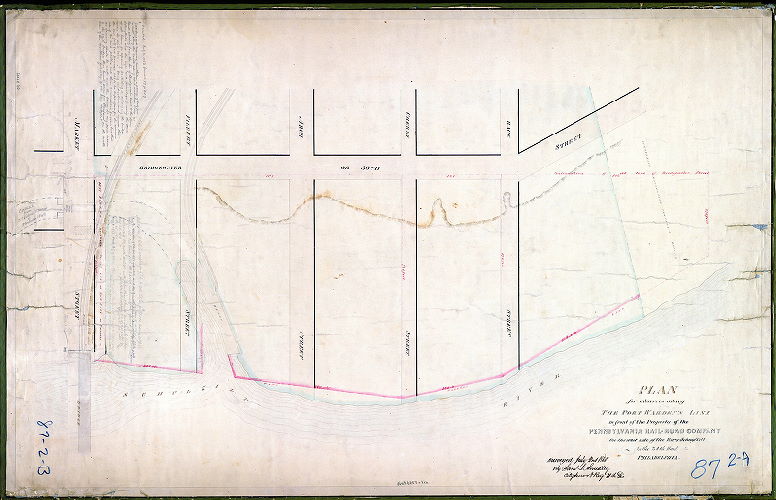 Plan, Plan for wharves along the Port Warden's line in front of property of the Pennsylvania Rail-Road Company on the west side of the River Schuylkill in the 24th Ward Philadelphia.