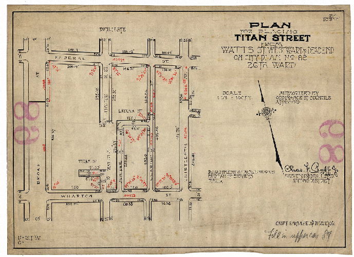 Plan, Plan for placing Titan Street from Watts Street westward to dead end on City Plan No. 89, Twenty-sixth Ward