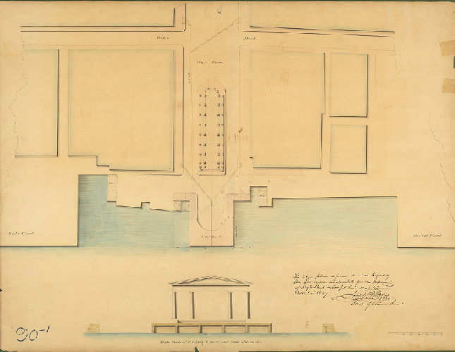 Plan, East View of the City Wharf and Fish Market. This is the plan referred to in the report of the Committee on Markets for the improvement of High Street Wharf & Fish Market House. Nov. 12, 1829. N. R. Potts –– Clerk of Common Council.