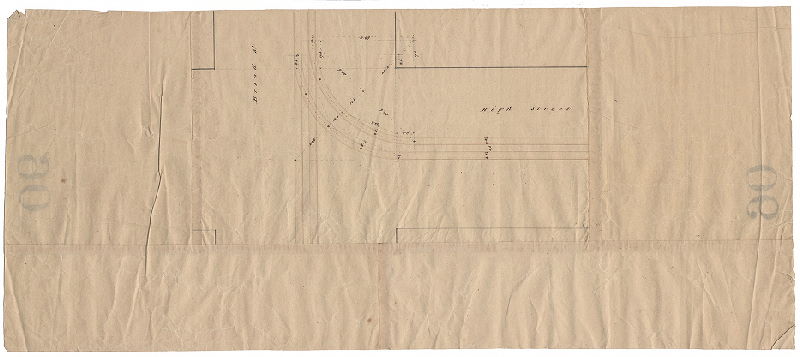 Plan, [No title. Plan showing railroad line curving from High Street into Broad Street.]