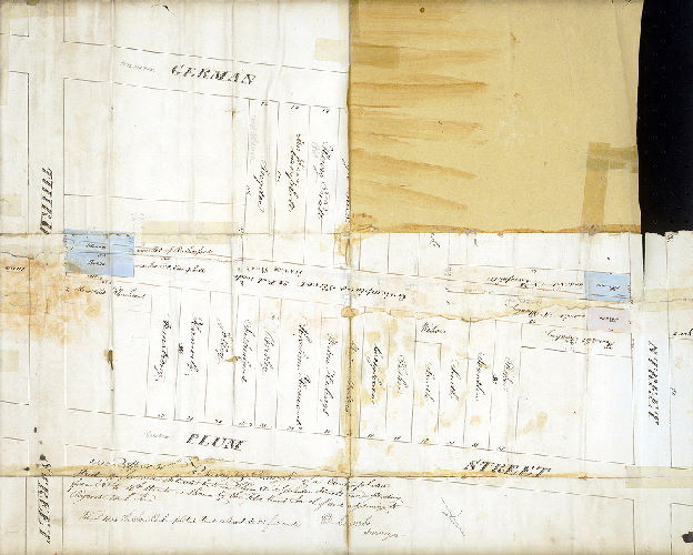 Plan (alternate image), 1832. April 30th. Resurvey. Draught of a contemplated street [Stanley, now Pemberton] 20 feet wide situate between Plum [Monroe] and German [Fitzwater] streets and extending from 3d to 4th streets as shown by the red lines south of and adjoining to [Pryor’s?] north line. Feby. 2d 1833. The above contemplated street altered to 25 feet wide. 