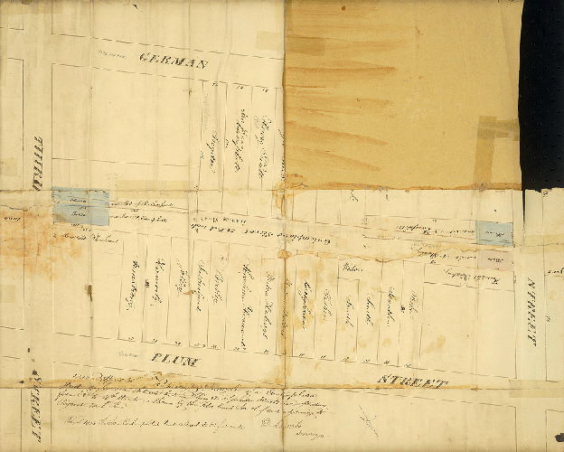 Plan, 1832. April 30th. Resurvey. Draught of a contemplated street [Stanley, now Pemberton] 20 feet wide situate between Plum [Monroe] and German [Fitzwater] streets and extending from 3d to 4th streets as shown by the red lines south of and adjoining to [Pryor’s?] north line. Feby. 2d 1833. The above contemplated street altered to 25 feet wide. 