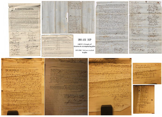 Plan, [Petition, remonstrances, and depositions of 38 people regarding road described in 091-01_HP. Not all items scanned.]